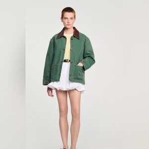 Sandro Green Utility Jacket with Brown Corduroy Collar